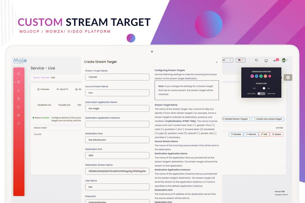 Wowza Custom Stream Target rtmp MojoCP